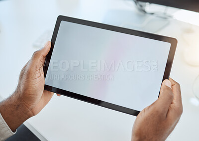 Buy stock photo Business, hands and mockup with a tablet, screen and app with network, connection and internet search. Closeup, web designer and technology with online banking, email and chatting with a contact 