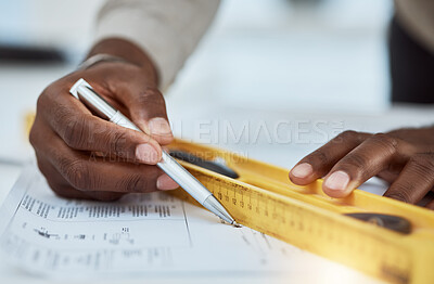 Buy stock photo Hands, architecture blueprint and ruler with pen for drawing process, engineering project and building development. Closeup, designer and stationery for scale lines, sketch and floor plan of property