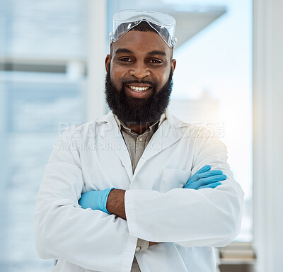 Buy stock photo Laboratory, medical science and portrait of a man for research, study and career pride. Happy black male person or scientist with arms crossed for innovation, biotechnology and future development