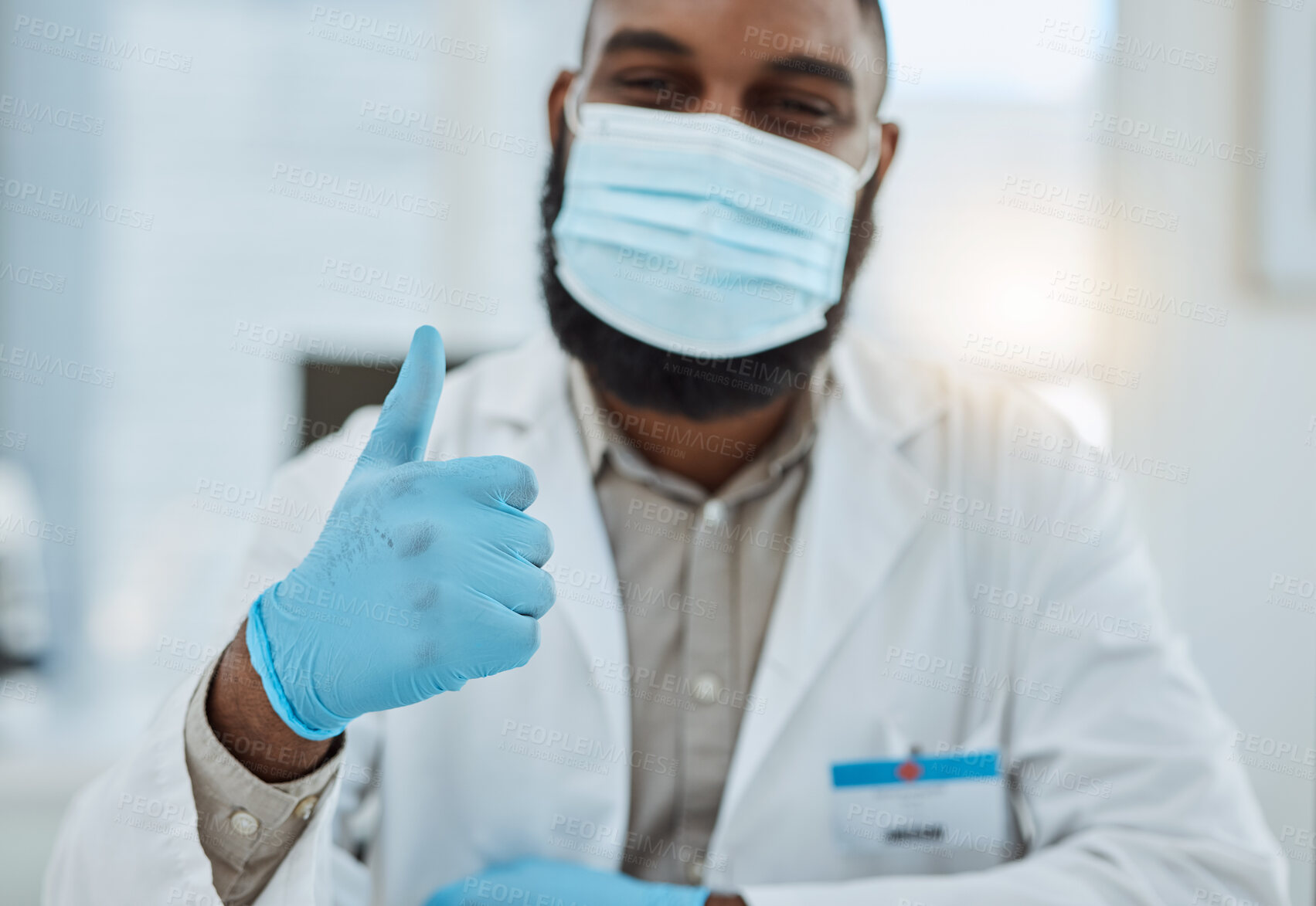 Buy stock photo Thumbs up, doctor gloves and hands of man with support of success, trust and medical clinic. Healthcare worker show thumb sign to celebrate agreement, yes emoji and thank you for hospital consulting 