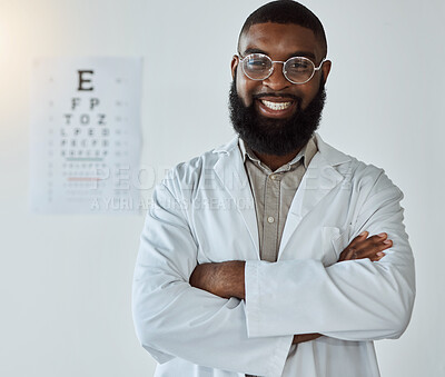 Buy stock photo Eye exam, portrait and black man or doctor with arms crossed and glasses with happy service in healthcare. Ophthalmology, face and expert to check vision, test or assessment for eyes or health