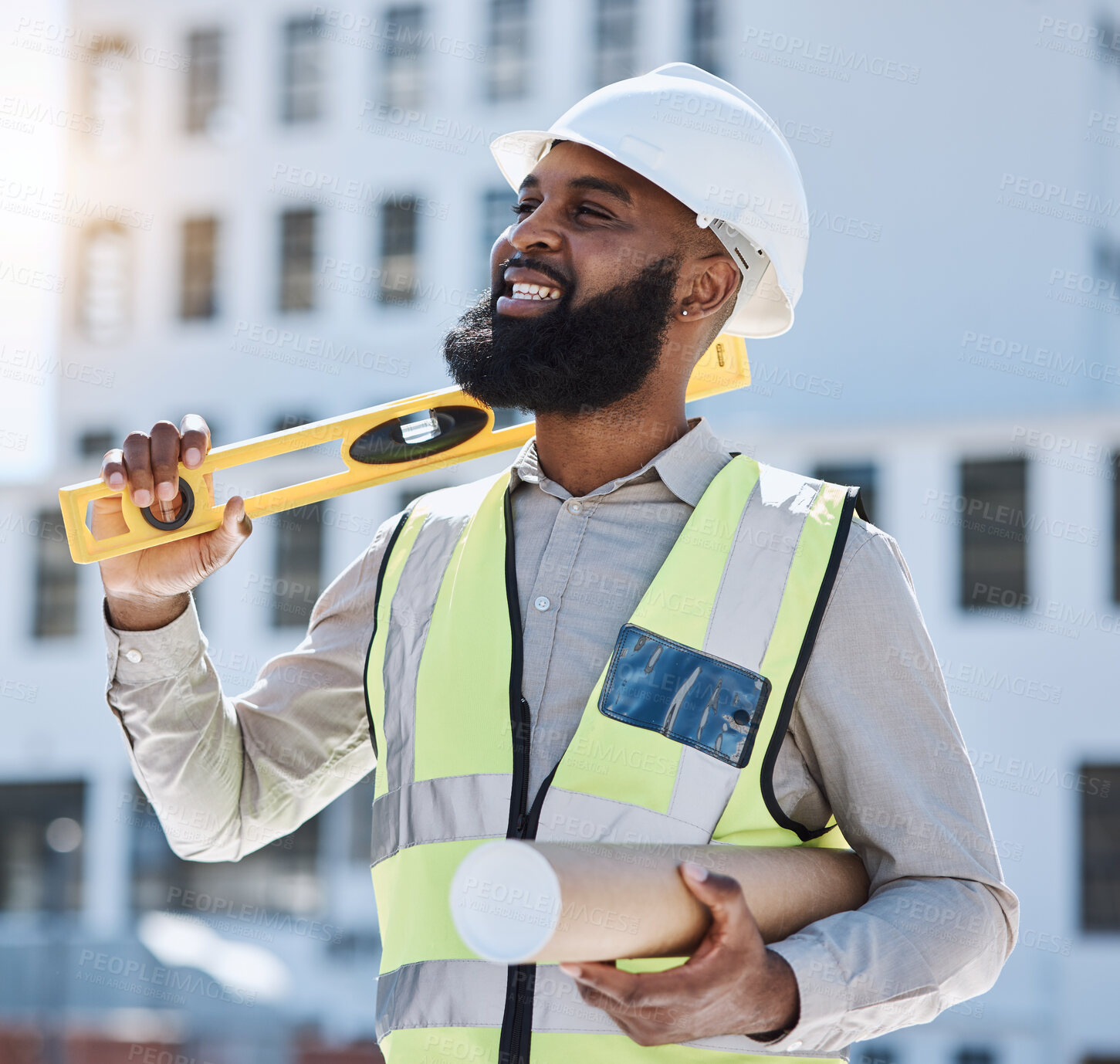 Buy stock photo Outdoor, engineer and black man with blueprint, thinking or planning with solution, problem solving or happiness. 
Engineering, manager or architect with ideas, construction job or project management