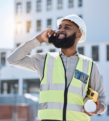 Buy stock photo African engineer man, phone call and outdoor with smile, thinking and listen for networking, building or development. Construction site architect, smartphone and idea for property, helmet and contact