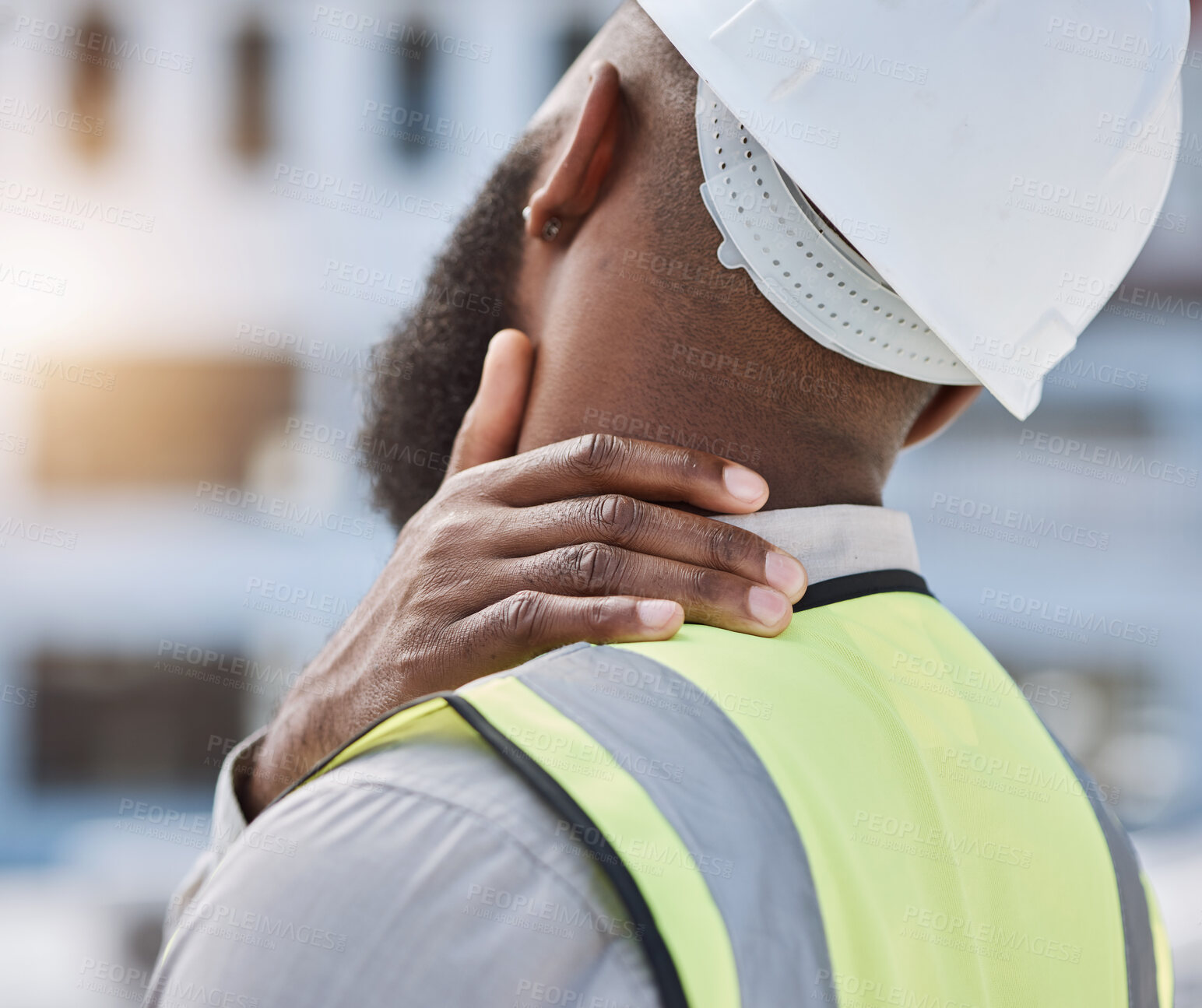 Buy stock photo Engineer, outdoor and man with neck pain, injury and stress with burnout, contractor and builder with a helmet. Tired, architect and employee with accident, health problem and emergency with tension