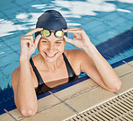 Sports, thinking or happy woman in swimming pool training for competition, wellness or fitness workout. Healthy, face or tired female athlete swimmer in water resting on a break to relax with smile