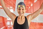 Woman, sport and flag for Denmark in portrait for winning, goals and pride for swimming competition. Girl, swimmer or athlete with smile on face for contest, race and happy for fitness, health or win