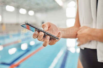 Buy stock photo Phone, hands and athlete at swimming pool with social media, scrolling online or browsing internet after exercise. Swim, sports and person with cellphone for communication after workout or training