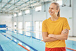 Swimming pool, lifeguard and woman with smile, arms crossed and mockup at water for safety training exercise. Professional sport, workout and swimmer at competition for emergency or first aid support