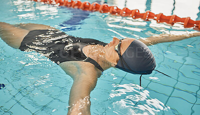 Woman, athlete or relax by floating in swimming pool after competition training, fitness or summer exercise. Calm, break or swimmer in water sports for workout challenge or sensory deprivation health