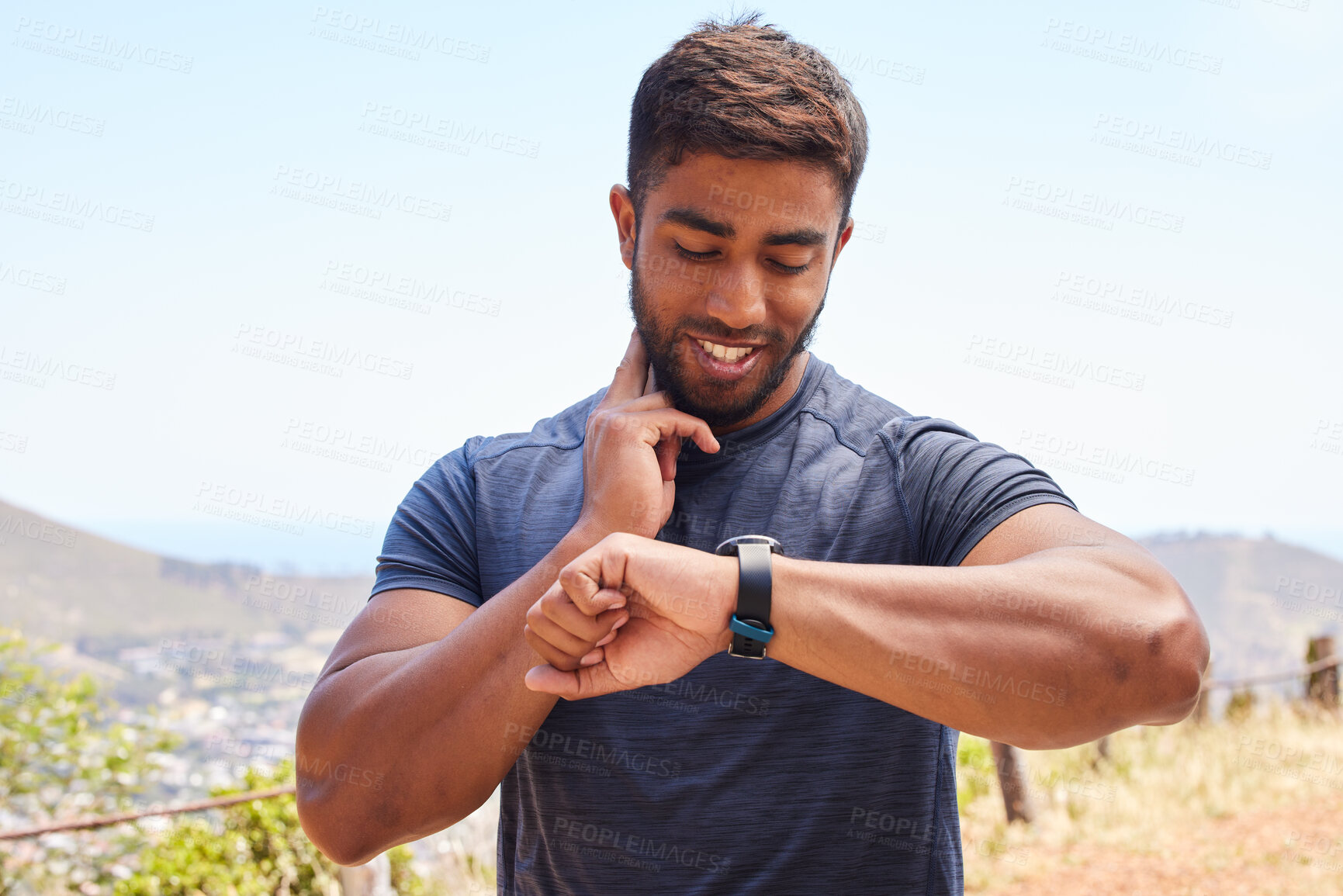 Buy stock photo Fitness, running and pulse with man, watch check and training, exercise and wellness app. Workout, heart rate and health with runner, monitoring performance, steps and results with goals and target