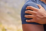 Sports man, runner and shoulder pain from workout training injury or fitness cardio running accident outdoor. Hand, arm muscle or closeup of injured male athlete with exercise emergency in nature