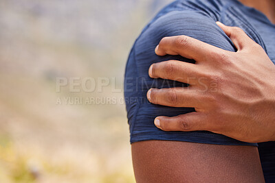 Buy stock photo Sports man, runner and shoulder pain from workout training injury or fitness cardio running accident outdoor. Hand, arm muscle or closeup of injured male athlete with exercise emergency in nature