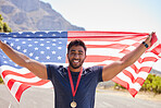 Runner, winning and portrait of happy man with flag on road for fitness goal, success or running race. Proud sports champion, American winner or excited athlete with victory or gold medal in USA