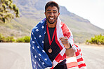 Race, winning and portrait of happy man with flag on road for fitness goal, success or running competition. Proud champion runner, American winner or excited athlete with victory or gold medal in USA