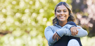 Buy stock photo Happy, portrait and a woman outdoor at a park with happiness and a smile for wellness. Young female person in nature for a break or rest after workout, exercise or training with space for health
