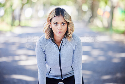 Buy stock photo Runner woman, portrait and ready in park, mindset and exercise for fitness training in nature. Indian girl, commitment and pride for wellness, health or outdoor workout for body, self care and goals
