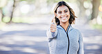 Runner woman, thumbs up and portrait in park, smile or exercise in fitness training in nature. Indian girl, happy and hand for sign language, health or workout for body, wellness or success with goal