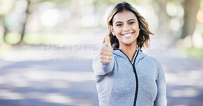 Buy stock photo Runner woman, thumbs up and portrait in park, smile or exercise in fitness training in nature. Indian girl, happy and hand for sign language, health or workout for body, wellness or success with goal
