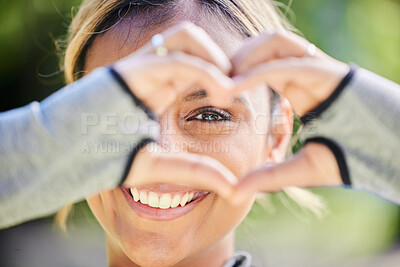 Buy stock photo Nature, portrait and heart hands of a woman for exercise, training and an outdoor workout. Smile, closeup and face of a young athlete or runner with a gesture for love of fitness or running in a park