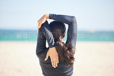 Buy stock photo Woman, fitness and stretching body on beach for exercise, workout or outdoor running. Rear view or back of female person, athlete or runner in warm up preparation or getting ready for cardio training