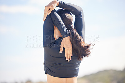 Buy stock photo Woman, fitness and back stretching for exercise, workout or outdoor running in nature. Rear view of female person, athlete or runner in body warm up, preparation or getting ready for cardio training