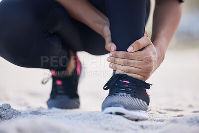 Buy stock photo Fitness, ankle pain and running with woman on beach for sports injury, inflammation and accident. Emergency, healthcare and muscle with closeup of runner for exercise, physical therapy and workout