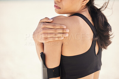 Buy stock photo Fitness, shoulder pain and running with woman on beach for sports injury, inflammation and accident. Emergency, healthcare and mockup with closeup of runner for exercise, physical therapy and workout