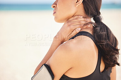 Buy stock photo Fitness, neck pain and running with woman on beach for sports injury, inflammation and accident. Emergency, healthcare and mockup with closeup of runner for exercise, physical therapy and workout