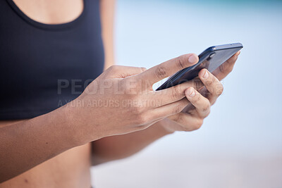 Buy stock photo Fitness woman, phone and hands typing for communication, social media or outdoor networking. Closeup of female person chatting or texting on mobile smartphone app for online browsing or research
