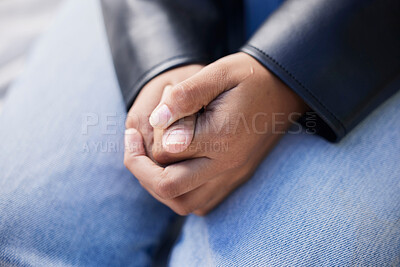 Buy stock photo Hands together, clasped and person with stress from mental health and wellness problem outdoor. Prayer, hope closeup and anxiety looking for help feeling nervous and sad with grief, fear and worried 
