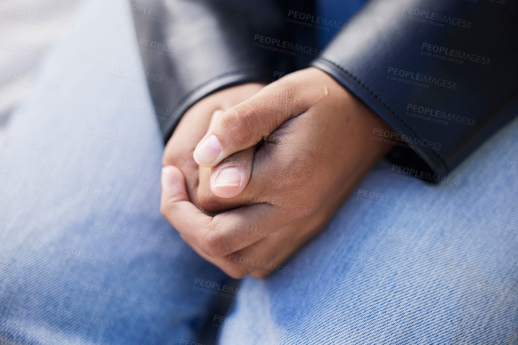 Buy stock photo Hands together, clasped and person with stress from mental health and wellness problem outdoor. Prayer, hope closeup and anxiety looking for help feeling nervous and sad with grief, fear and worried 