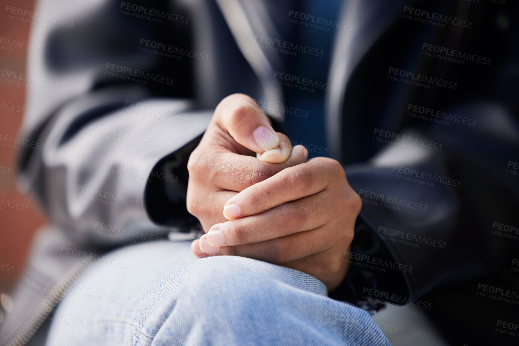 Buy stock photo Hands, person and anxiety of stress, waiting and nervous habit with nails. Closeup, fingers and scared of psychology for mental health risk, fear of abuse and therapy for ptsd, trauma and depression