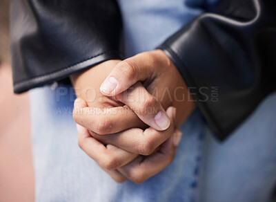 Buy stock photo Hands together, stress and woman closeup with anxiety from mental health and wellness problem outdoor. Prayer, hope and help of a person feeling nervous and sad with grief, fear and worried 