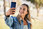 Happy selfie, outdoor nature and woman pose for memory picture, post to social network and smile on video call communication. Happiness, photography or person update online photo of media application
