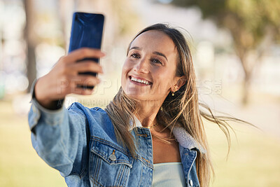 Buy stock photo Happy selfie, outdoor nature and woman pose for memory picture, post to social network and smile on video call communication. Happiness, photography or person update online photo of media application