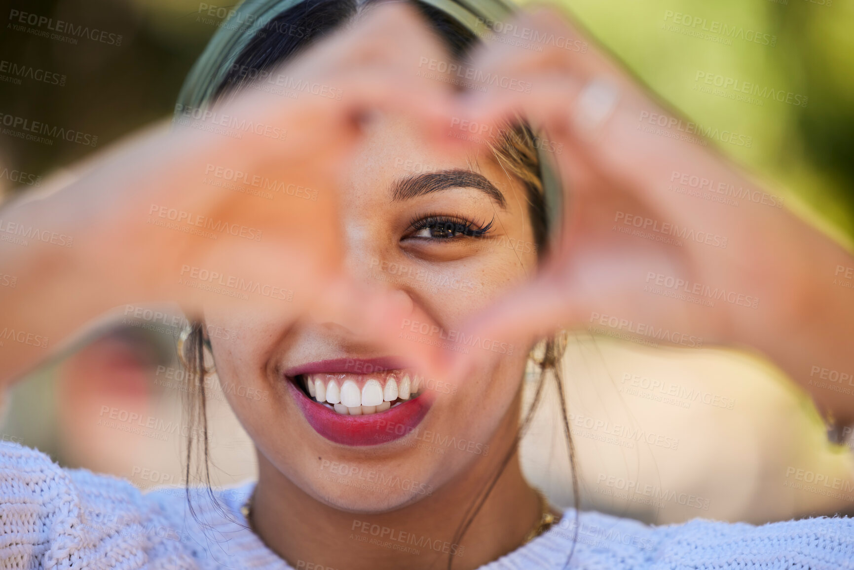 Buy stock photo Heart hands, happy and portrait of woman in park for support, health and kindness symbol. Love, emoji and motivation with person and gesture in nature for empathy, trust and valentines day icon