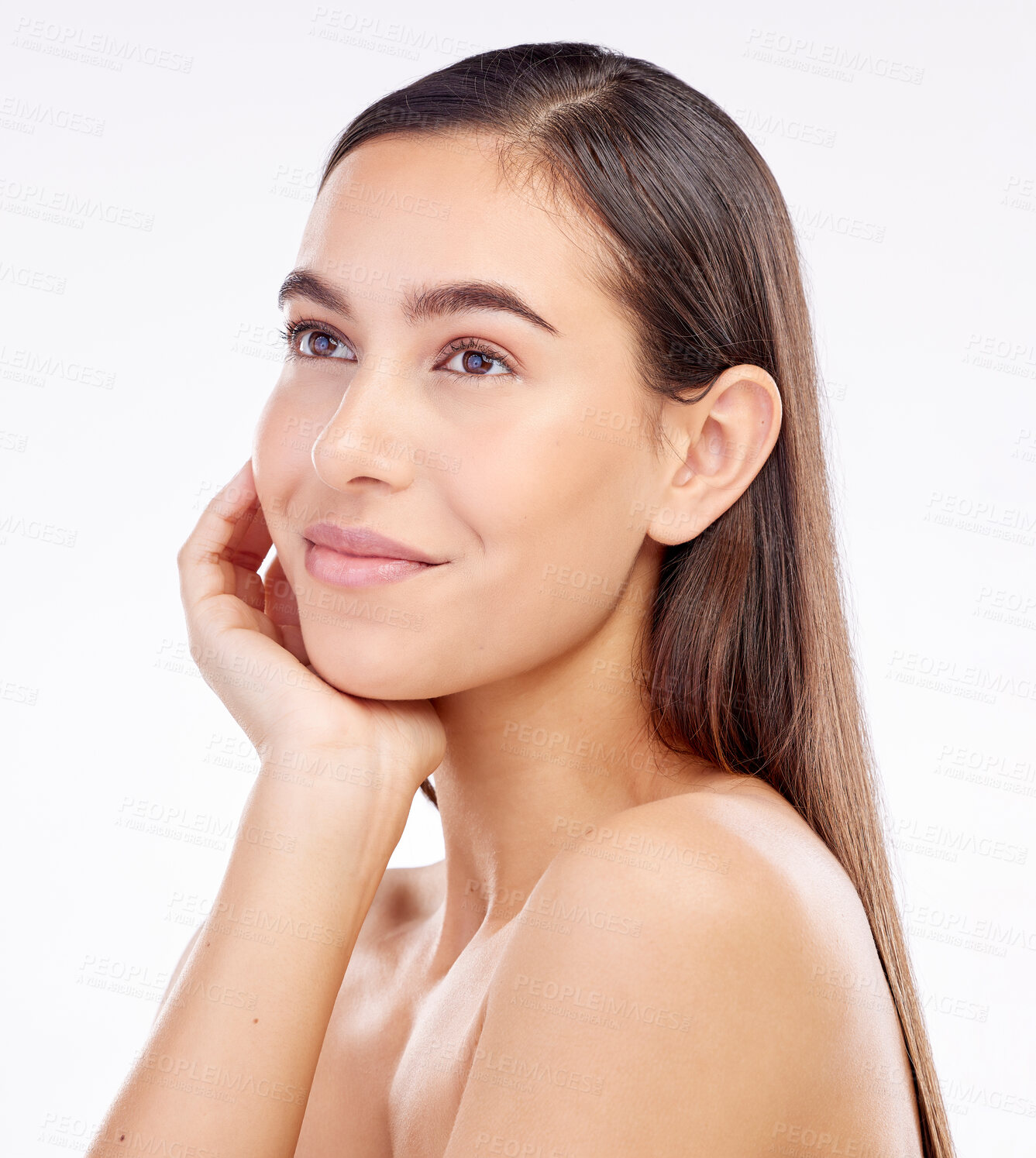 Buy stock photo Beauty, thinking studio face and woman dream of anti aging skincare, aesthetic facial cosmetics or natural makeup. Self care inspiration, dermatology ideas and spa person relax on white background