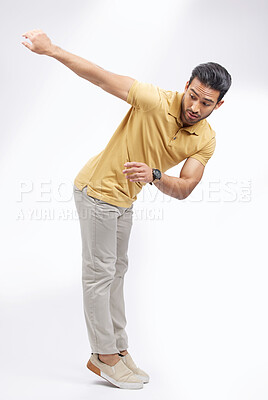 Buy stock photo Dancer, man and routine with training, creative and movement on a white studio background. Male person, artist and model with practice for performance, dancing and energy with expression and fitness