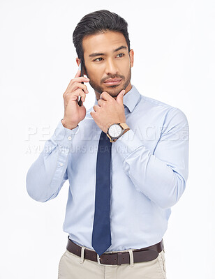 Buy stock photo Smartphone call, studio and confident corporate man, real estate agent or consultant networking, consulting and talking with contact. Thinking, mobile phone or male realtor pose on white background