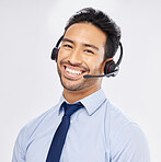 Face, call center and Asian man with headphones for telemarketing, crm support and isolated on a white studio background. Portrait, smile and sales agent, consultant or customer service professional