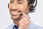 Face, smile and headset with a call center man in studio on a white background for customer service or support. Contact us, crm and consulting with a happy male employee talking for assistance