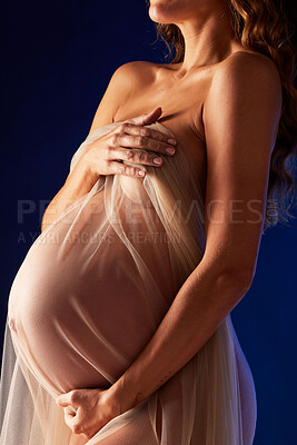 Buy stock photo Pregnant woman, fabric in studio with hands on stomach and aesthetic dark background at maternity reveal. Creative pregnancy art, mom holding belly on healthy body and wellness for future motherhood.