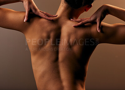 Buy stock photo Nude back, woman and beauty with skin, body care and cosmetics isolated on studio background. Sexy female model, sensual and dermatology with skincare, feminine and naked with hygiene and grooming