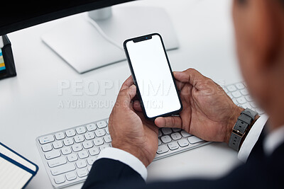 Buy stock photo Hands, blank phone screen and man at desk with mockup space for logo, branding and communication. Businessman, smartphone and ux design for mobile app, internet or fintech promo at accounting agency