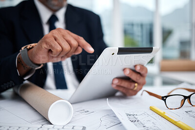 Buy stock photo Hands, tablet and architect typing at desk for research, architecture and planning on internet. Technology, fingers and engineer writing, construction design and email for online blueprint in office