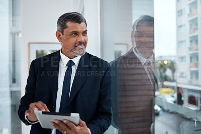 Buy stock photo Corporate, window and man with a tablet, thinking and connection with inspiration, happiness and digital planning. Consultant, smile and business owner with technology, glass and idea for a project