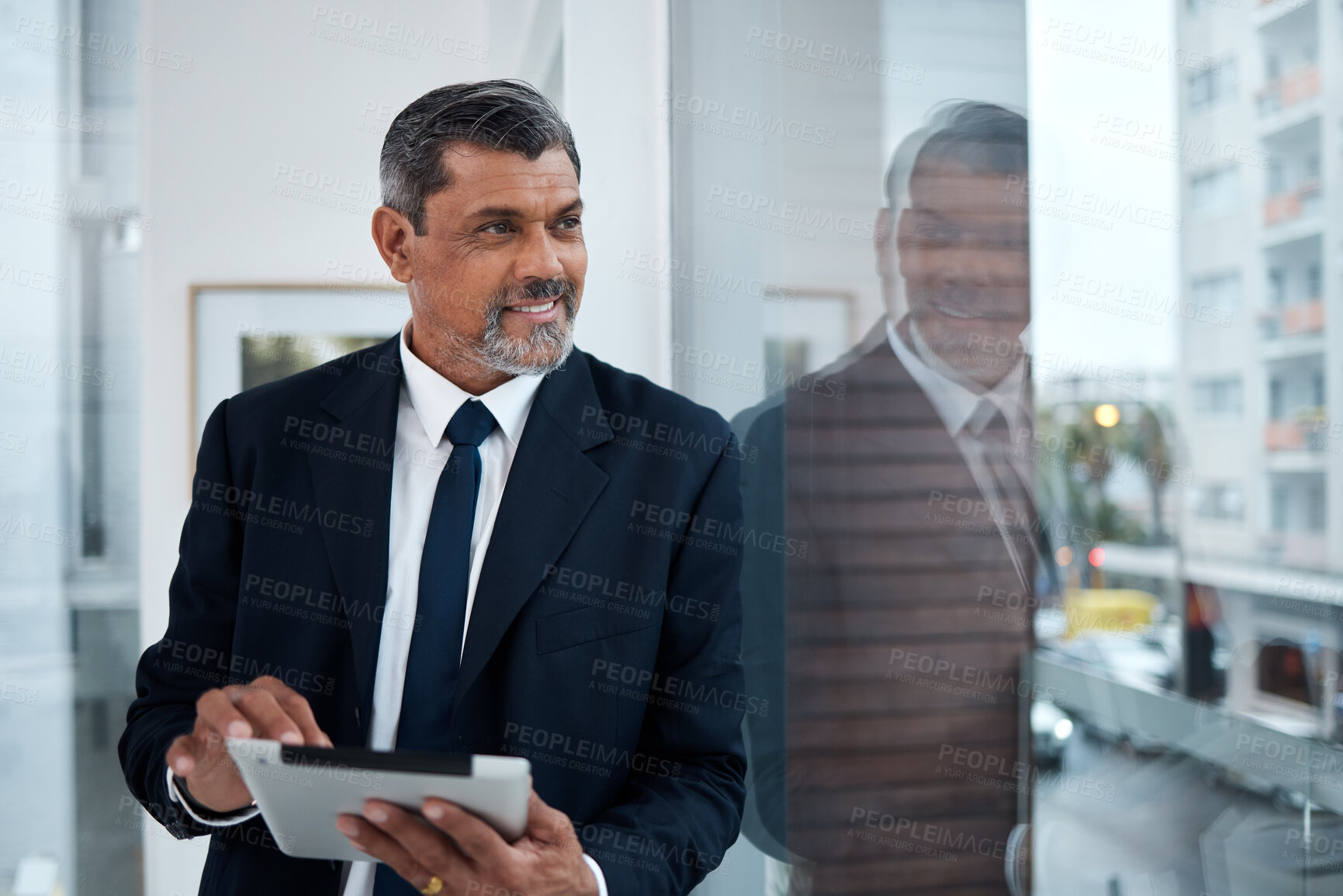 Buy stock photo Corporate, window and man with a tablet, thinking and connection with inspiration, happiness and digital planning. Consultant, smile and business owner with technology, glass and idea for a project