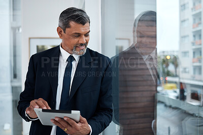 Buy stock photo Business, window and senior man with a tablet, thinking and connection with network, inspiration or digital planning. Consultant, employee or entrepreneur with technology, glass or idea for a project