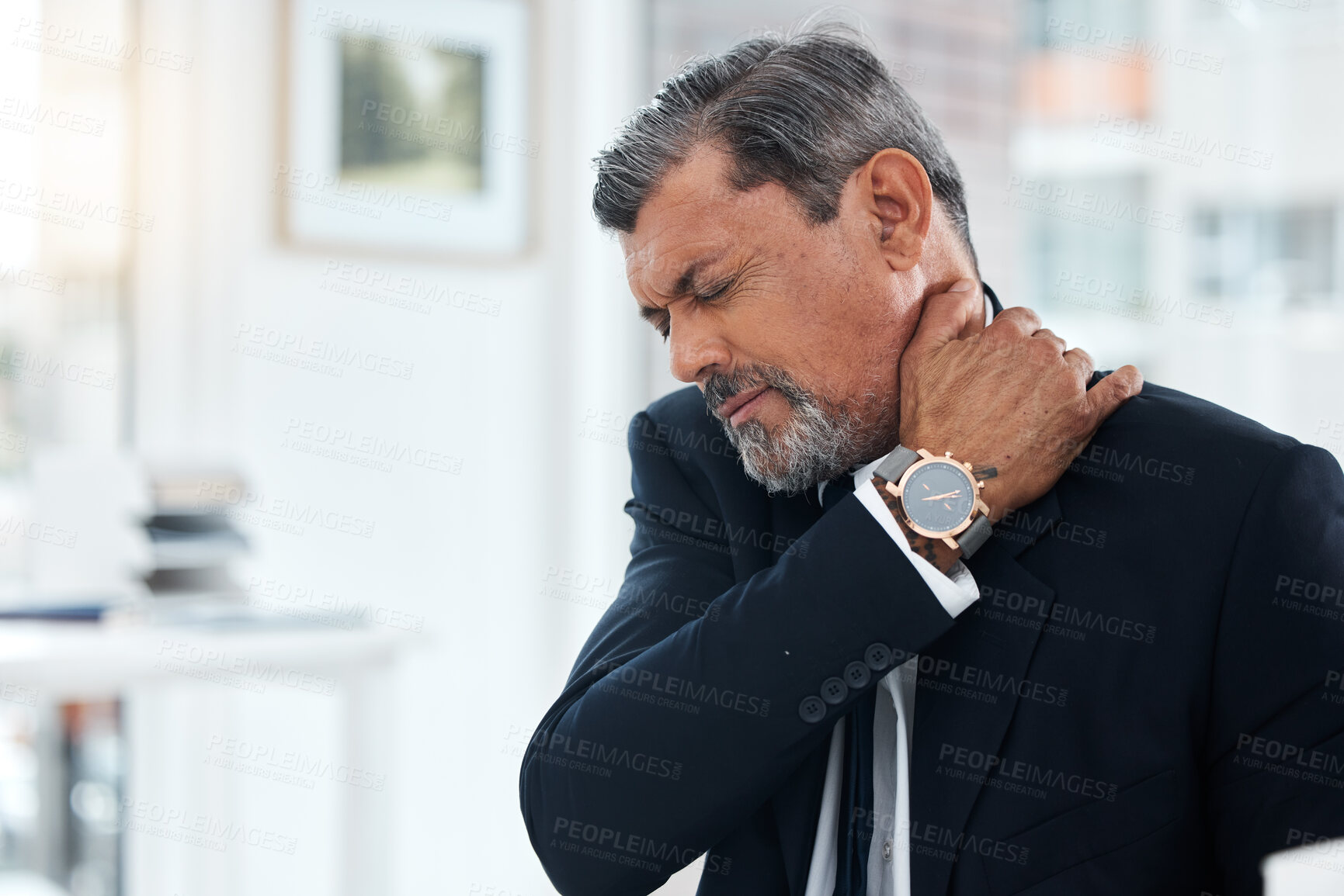 Buy stock photo Business, stress and mature man with neck pain, tired and burnout of health problem, anxiety and bad posture. CEO, corporate boss and executive with spine injury, muscle fatigue and risk of arthritis