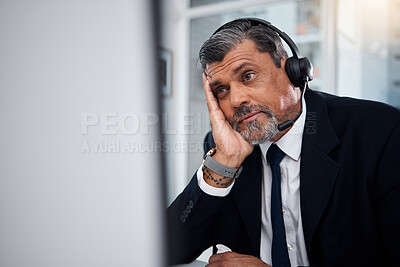 Buy stock photo Stress, call center agent and man at computer in telemarketing agency with fail, telecom error and 404 glitch. Bored, mature and confused salesman with challenge, client account problem or CRM crisis